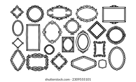 Handgezeichnete Rahmen, Vektorgrafik. Vintage-Doodle-Skizze Bilderrahmen, Illustration Leeres, schwarzes Quadrat, Kadettenrekorder, elegante Skizzen-Linie, einzeln auf weißem Hintergrund.