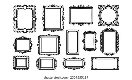 Handgezeichnete Rahmen, Vektorgrafik. Vintage-Doodle-Skizze Bilderrahmen, Illustration Leeres, schwarzes Quadrat, Kadettenrekorder, elegante Skizzen-Linie, einzeln auf weißem Hintergrund.