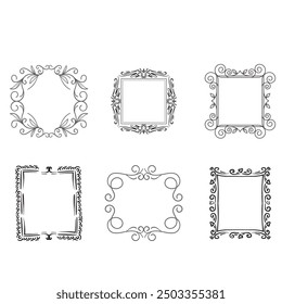 Handgezeichnete Rahmen. Vintage Doodle Skizze Bilderrahmen. Leere schwarze quadratische Kader Skizzen von Händen Vektor-Set gemalt