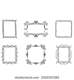 Handgezeichnete Rahmen. Vintage Doodle Skizze Bilderrahmen. Leere schwarze quadratische Kader Skizzen von Händen Vektor-Set gemalt