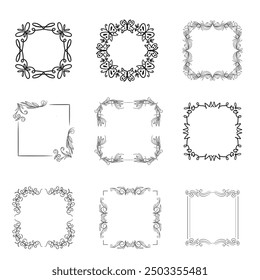Handgezeichnete Rahmen. Vintage Doodle Skizze Bilderrahmen. Leere schwarze quadratische Kader Skizzen von Händen Vektor-Set gemalt