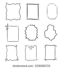 Molduras desenhadas à mão. Quadro de imagem de desenho de doodle vintage. Coleção de Quadros Desenhados à Mão no plano de fundo Branco