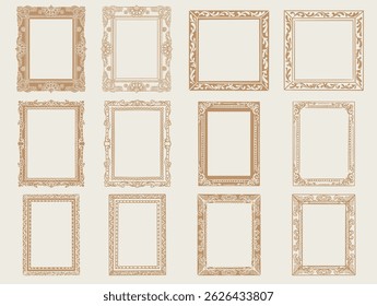 Hand drawn frames. Vintage doodle sketch picture frame. Border design and golden components design for wedding invite, menus, certificates, boutiques, spa and logo design.