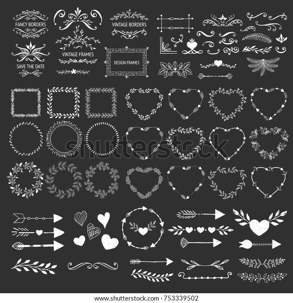 Hand drawn frames, wreaths, flourishes,\
borders, arrows. Vector hearts and\
garlands.