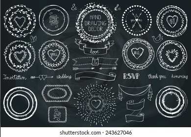 Hand drawn frame,wreath, line border,heart ,ribbon set.ribbon. Doodle decor on Chalkboard.For design template, invitations, holiday, Valentine day,baby design.Love Vector