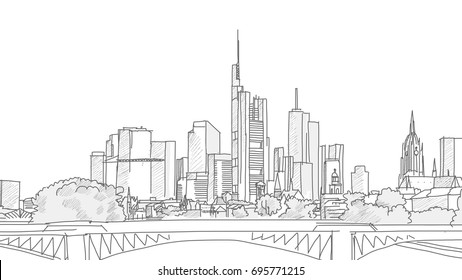 Hand drawn Frankfurt Skyline Panorama Sketch. Vector illustration. Grey strokes on white background