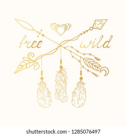 Hand drawn free and wild boho tribal design tattoo with ethnic traditional arrows, heart in native bohemian, indian style. Magic aztec print.