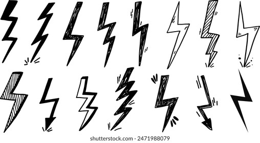 Hand drawn freehand doodle thunderstorm lightning spark voltage electric shock scribble.