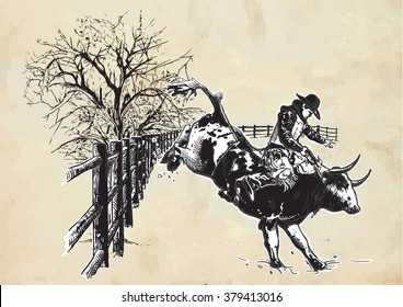 An hand drawn freehand vector - RODEO. Scene from the american culture.