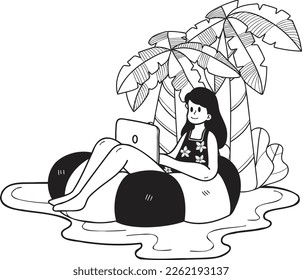 Hand Drawn Freelance woman working on laptop under coconut tree illustration in doodle style isolated on background