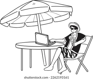 Hand Drawn Freelancer working on laptop at sea illustration in doodle style isolated on background