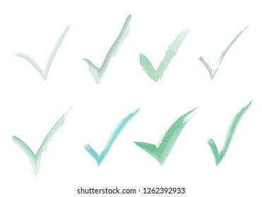 Hand Drawn Freestyle Green Ticks Vector Set. Original Check Marks Painted Collection. Vector Illustration