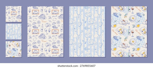 Hand drawn french breakfast pattern in blue and yellow seamless set. Vintage cafe food set with croissant, cheese, wine and bread as seamless background. Cute doodle icon sketch for brunch menu,
