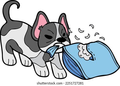 Hand Drawn French bulldog biting pillow illustration in doodle style isolated on background