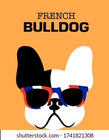 Hand drawn French bulldog chilling with blue white red sunglasses. Black and white French dog . Vector illustration art on orange background.