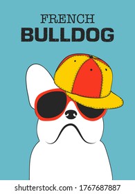 Hand drawn of French bulldog chilling with a cap and red sunglasses. French dog. Vector illustrated on blue.