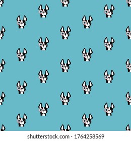 hand drawn French bulldog. Cute dog face. Seamless vector illustration art on blue pastel background.