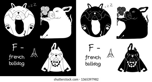 Hand drawn french bulldog, funny character set. Vector illustration