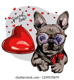 Hand drawn french bulldog with heart shape baloon. Vector Valentine day greeting card. Cute colorful dog wears glasses and bandana. Romantic design. Love pet portrait. Poster, banner. Spread love.