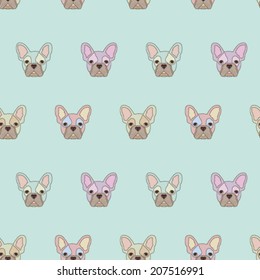 hand drawn french bulldog's head seamless pattern