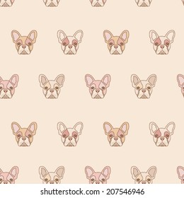 hand drawn french bulldog's head seamless pattern