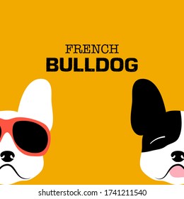Hand drawn French bulldogs. One with red glasses and other with smiley face . Vector illustration on yellow background.