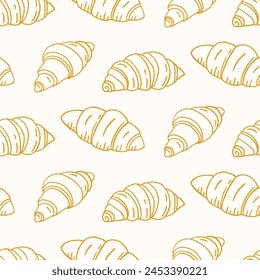 Hand drawn French Croissant doodles pastry, sweet bakery seamless pattern with baked goods. Confectionery baking background design for wrapping paper, package print, cafeteria and shop wallpapers