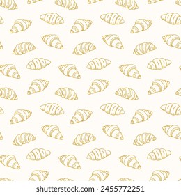 Hand drawn French Croissant doodles pastry, sweet bakery seamless pattern with baked goods. Confectionery baking background design for wrapping paper, package print, cafeteria and shop wallpapers