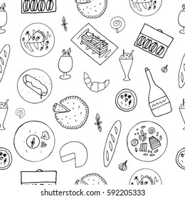 Hand drawn french cuisine seamless pattern. 