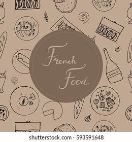 Hand drawn french cuisine seamless pattern. French food with baguette, macaron, mousse au chocolat, cafe liegeois, mille feuille, eclaire, camembert cheese, croissant, creme brulee foie gras, wine. 