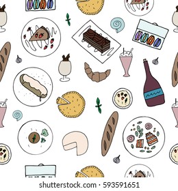 Hand drawn french cuisine seamless pattern. French food with baguette, macaron, cafe liegeois, quiche, mille feuille, eclaire, camembert cheese, croissant, creme brulee, crepe, foie gras, wine. 