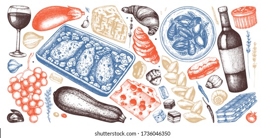 Hand drawn French food and drinks collection in color. Engraved style dishes, snacks, desserts, beverages sketches. French cuisine food illustrations. Restaurant menu or recipe books design elements.