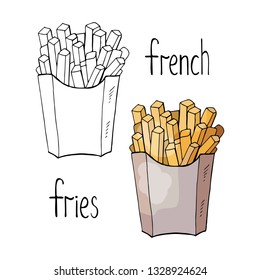 Hand drawn french fries black and white and color isolated on white background. Vector fast food- french fries