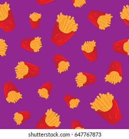 Hand drawn french fries fast food seamless pattern. Cartoon vector illustration. Can be used for printing on textile, pattern fills, web page background, textures or gift wrap and wallpapers