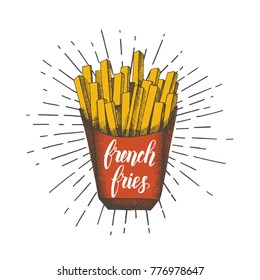 Hand drawn french fries isolated on white. Trendy element for fast food menu. Hand made lettering. Vector object. Sketch, engraving