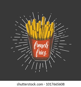 Hand drawn french fries on black. Trendy element for fast food menu. Hand made lettring. Vector object. Sketch, engraving