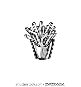 Hand drawn french fries vintage illustration. Engraving style black and white on white backgrounds. Vector
