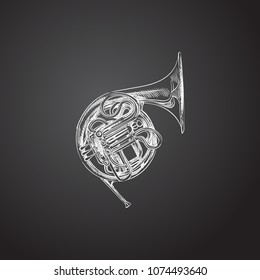 Hand drawn french horn sketch symbol. Vector trombone element in trendy style.