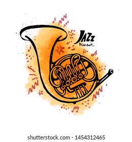 Hand drawn French horn. Wind music instruments. Jazz music concept. Ink style vector illustration with orange watercolor stain on white background