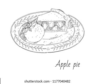 Hand drawn fresh baked apple pie dessert with ice cream, mint on the plate. A piece of apple pie isolated on white background. Vector illustration for menu, bakery, postcard, banner, flyer, web, etc.