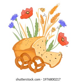 Hand drawn fresh baked bread, wild flowers and wheat ears for bakery banners and packaging prints, flat vector illustration isolated on white background. Design for bakehouse or flour and bread  pack.