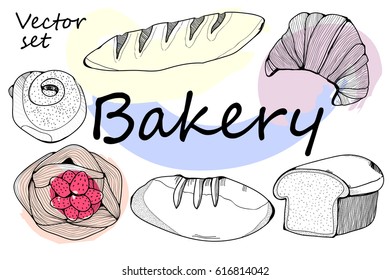 Hand drawn fresh bakery. Colored graphic vector collection