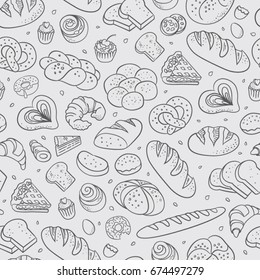 Hand drawn fresh bakery pattern. Seamless vector background.
