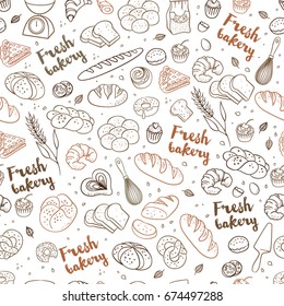 Hand drawn fresh bakery pattern. Seamless vector background.