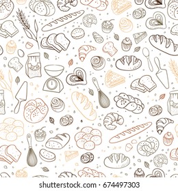 Hand drawn fresh bakery pattern. Seamless vector background.