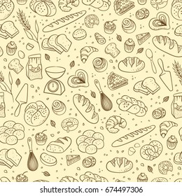 Hand drawn fresh bakery pattern. Seamless vector background.