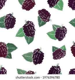 Hand drawn fresh blackberries vector seamless pattern on white background Juicy black and red Mulberries background texture for printing on textiles, wrapping paper, wallpaper, card or else 