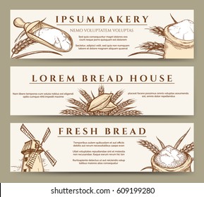 Hand drawn fresh bread and bakery banners with mill, wheat and flour bag sketch vector illustration