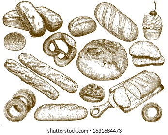 Hand drawn fresh bread. Sesame bun, pretzel and french loaf. Sketch bakery breads vector illustration set. Bundle of monochrome drawings of tasty homemade baked products in elegant engraving style.