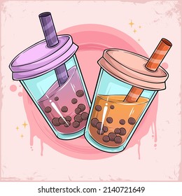 Hand drawn fresh bubble tea  beverage flavors, brown sugar bubble milk tea